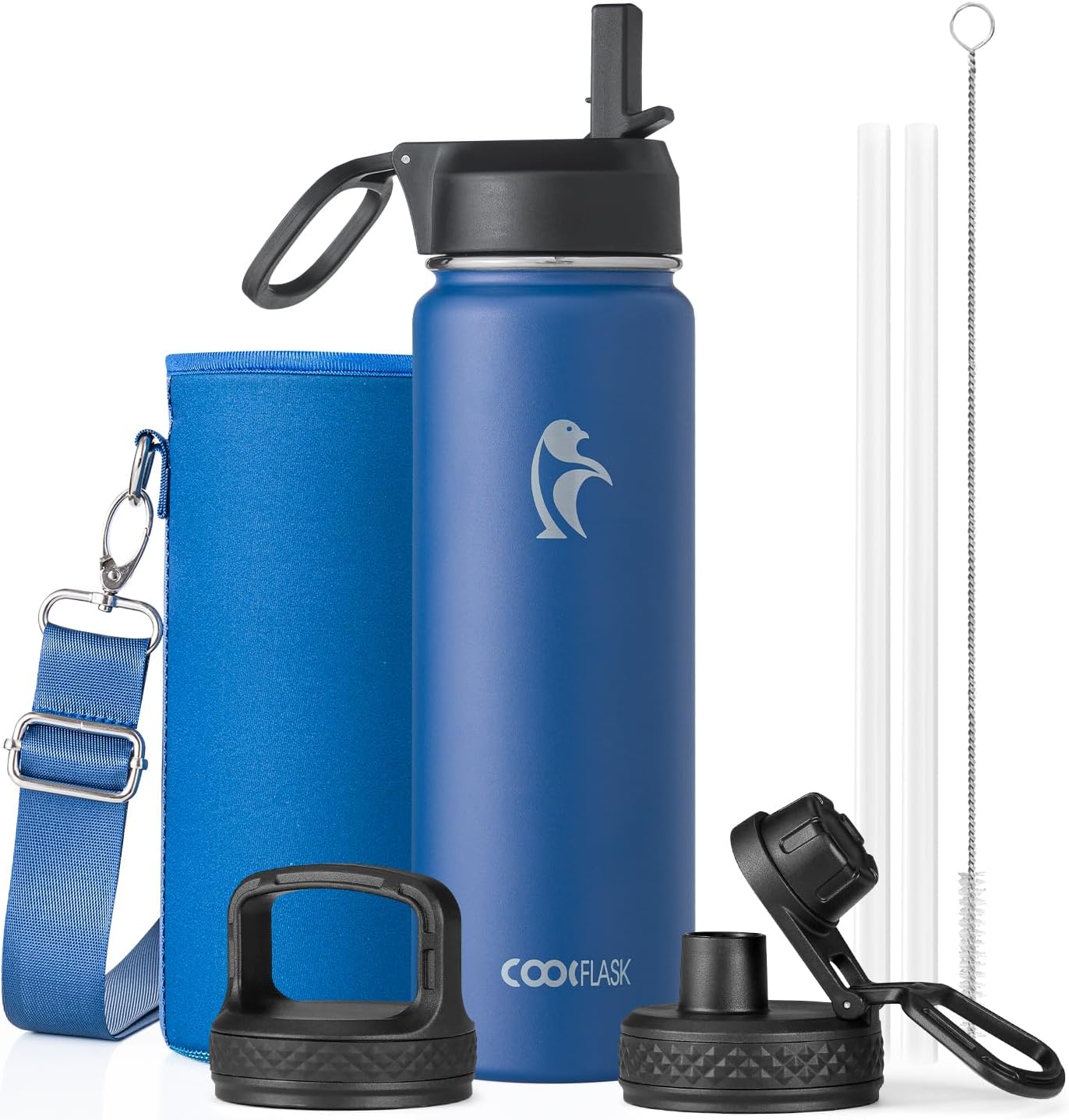 Half Gallon Water Bottle Insulated with Straw & 3 Lids, Coolflask 64 oz Water Jug Large Metal Stainless Steel Wide Mouth for Sports, Gym or Office, Non-BPA Keep Cold 48H Hot 24H, Samurai Cyan