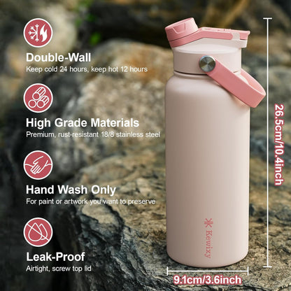KEWIXY 32 oz Insulated Water Bottle, 2-in-1 Lid, Straw & Spout with Protected, Leak Proof, Keep Cold, Stainless Steel, Metal, Reusable, Handle, for Outdoor, Gym and School, 2 Lids, Blush Pink