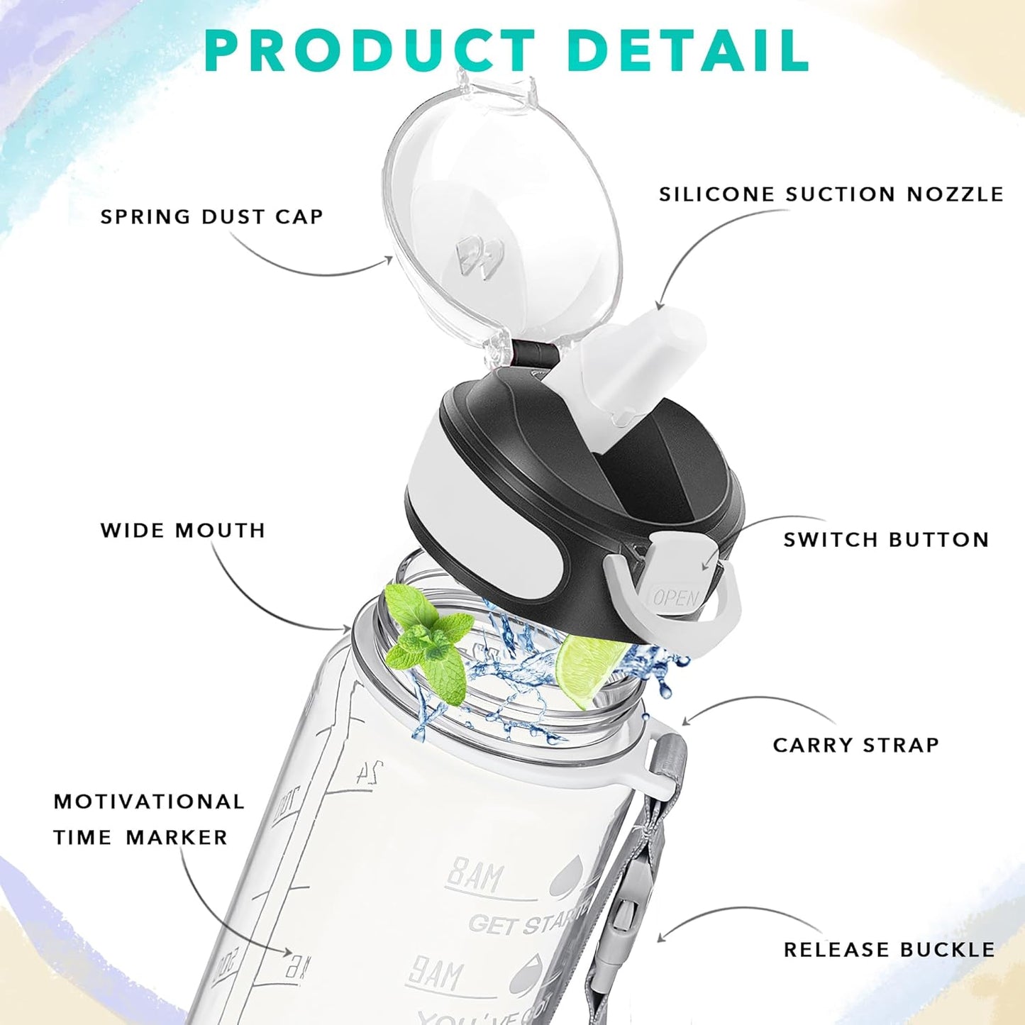 Enerbone 32 oz Drinking Water Bottle with Times to Drink and Straw, Motivational with Carrying Strap, Leakproof BPA & Toxic Free, Ensure You Drink Enough Water for Fitness Gym Outdoor