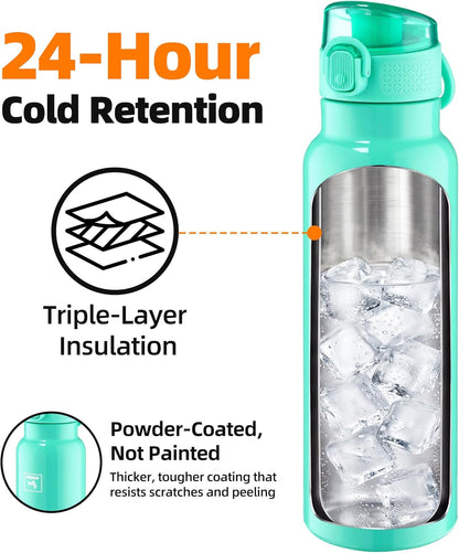 Fanhaw 24 oz Insulated Water Bottle with Soft Silicone Spout Lid, Leakproof Stainless Steel Vacuum Bottle for School, Sports& Daily Use, Kids, Teens& Adults, Back to School Essentials (Pink)