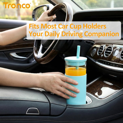 Tronco 20 oz Glass Tumbler with Lids and Straws, Reusable Iced Coffee Cups with Silicone Lid & Protective Sleeve, Dishwasher Safe, BPA-Free Borosilicate Glass for Coffee, Iced Tea, Water & Smoothies