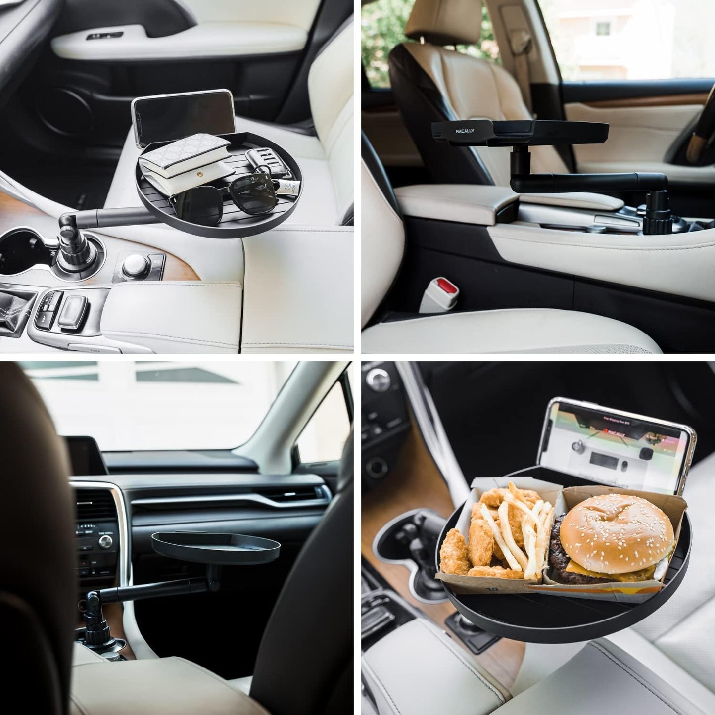 Macally Car Cup Holder Tray and Cup Holder Expander with Phone Slot - Enjoy Your Meal - 9" Car Food Tray Table and Drink Holder for Yeti, Hydroflask, etc.