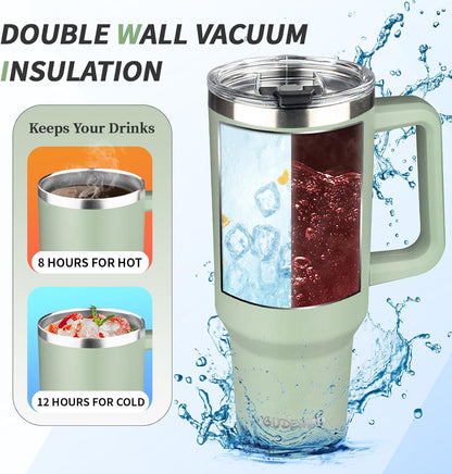 40 oz Tumbler with Handle, Insulated Tumbler with Lid and Straw, Reusable Stainless Steel Vacuum Insulated Cup, 100% Leak Proof Thermal Travel Coffee Mug Cup for Cold and Hot (Light Purple)