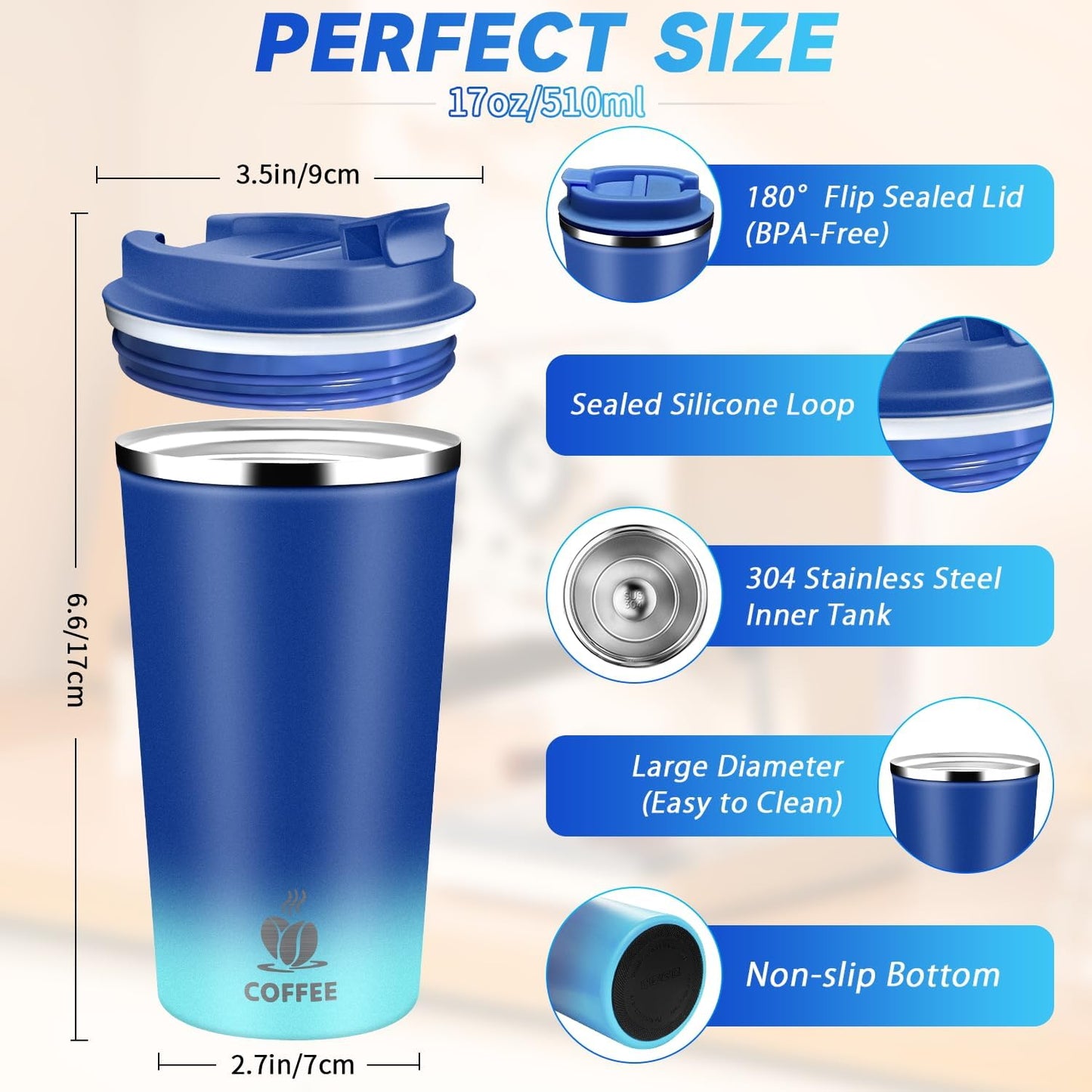 Insulated Travel Coffee Mug Reusable Coffee Tumbler Cup with Flip Lid Leak Proof Spill Proof for Office School Party Camping Hot and Cold Drink,Stainless Steel 17oz (Black)