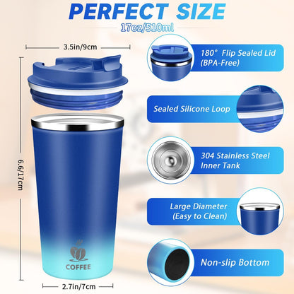 Insulated Travel Coffee Mug Reusable Coffee Tumbler Cup with Flip Lid Leak Proof Spill Proof for Office School Party Camping Hot and Cold Drink,Stainless Steel 17oz (Black)