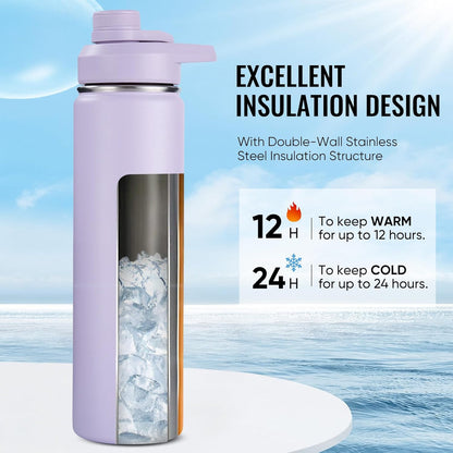 Fijinhom 24 oz Insulated Water Bottle with Handle, 304 Stainless Steel Water Bottles with Wide Mouth, Double Wall Vacuum Sports Water Bottle, BPA Free, Keep Cold and Hot, Black | with Handle