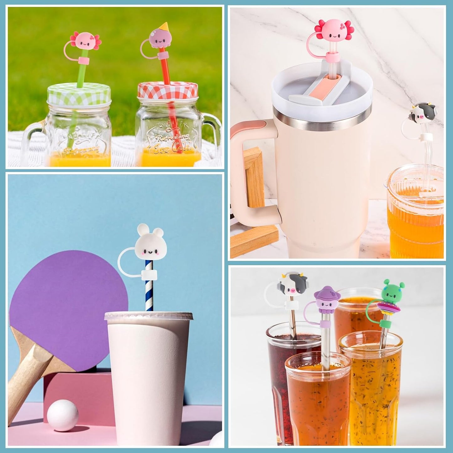 8 Pcs Animal Straw Cover Cap, Silicone Straw Topper for Stanley 30&40 Oz Tumbler Cute Straws Cap in Various Shapes, Straws Covers for 0.4 Inch/10 mm Tips Gifts for Women Girls Teens