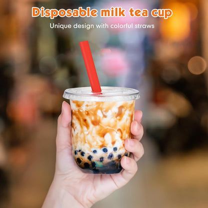 Ziliny 50 Sets 12 oz Clear Cups with Lids and Jumbo Smoothie Straws Disposable Plastic Cups for Smoothies, Bubble Milk Tea, Milkshakes, Cold Drinks (Multicolor)