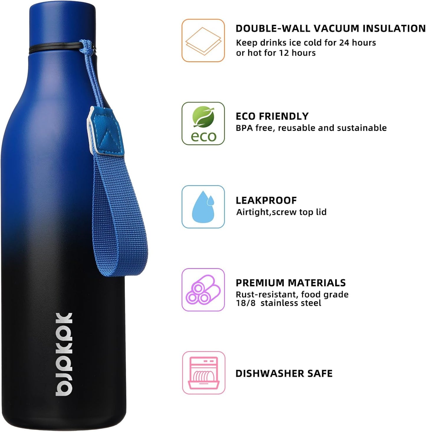 BJPKPK Insulated Water Bottles, 18 oz Stainless Steel Metal Water Bottle with Strap, BPA Free Leak Proof Jugs, Mugs, Flasks, Reusable Thermal Flasks for Sports & Travel, Black - Colors A