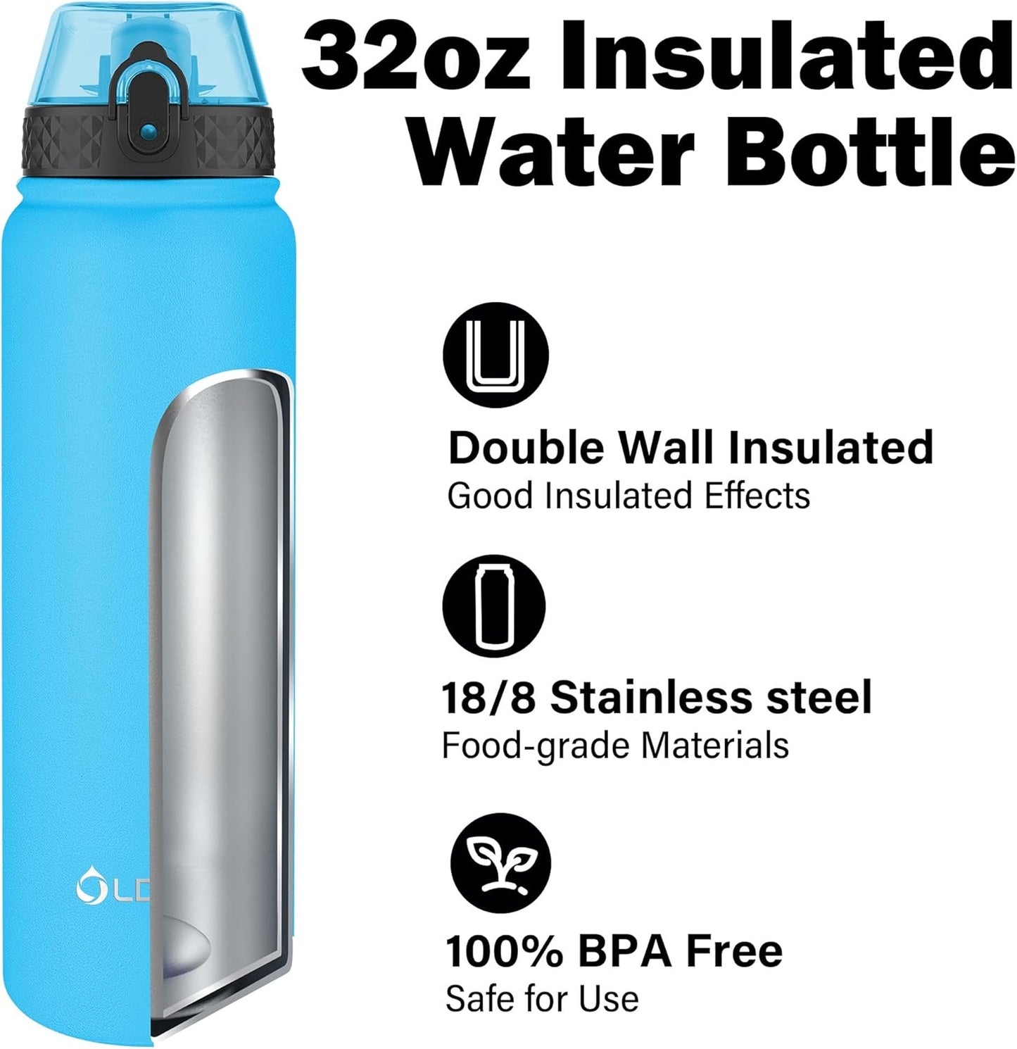 Oldley Insulated Water Bottle 20oz for Adults Kids Stainless Steel Water Bottles with Straw/Chug/Carabiner 3 Lids Fruit Strainer Double Wall Vacuum Wide Mouth BPA Free Leak-Proof for School Travel