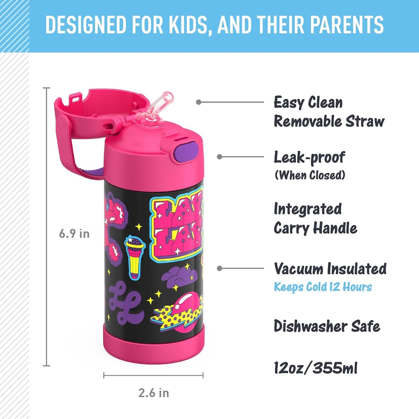 THERMOS FUNTAINER Water Bottle with Straw - 12 Ounce - Kids Stainless Steel Vacuum Insulated Water Bottle with Lid, Bluey - Colors A