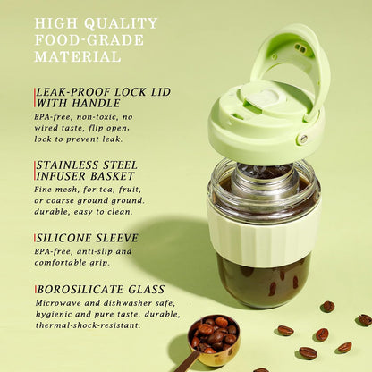 Leak-proof Glass Coffee Mug with Lock Lid, 17oz Reusable Coffee Cup with Stainless Steel Filter, Travel Tea and Fruit Infuser with Handle, BPA-free Dishwasher Safe (Forest Green)