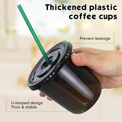 Baderke 25 Set Plastic Cups with Lids and Straws, Disposable Plastic Iced Coffee Cup for Cold Beverage Juice Smoothie Crystal for Coffee Shops Party Catering(Clear,16 oz)