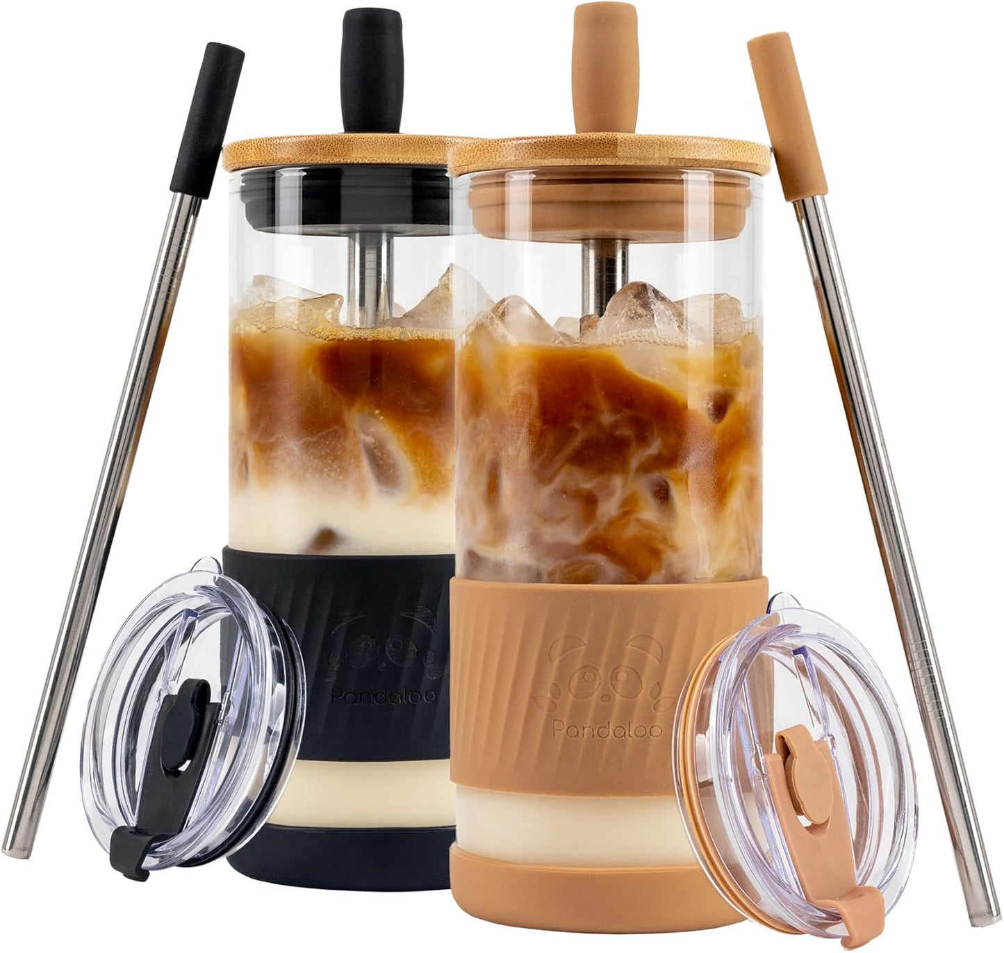 Pandaloo® Glass Cups With Lids and Straws -20 Fl Oz- Perfect Size Iced Coffee Cup - Smoothie Cup With Bamboo Lid and On the go Lid - Glass Tumbler With Straw (1 Count (Pack of 1), Lilac Rhapsody)