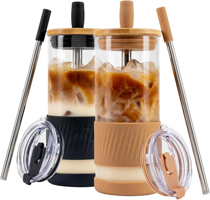 Pandaloo® Glass Cups With Lids and Straws -20 Fl Oz- Perfect Size Iced Coffee Cup - Smoothie Cup With Bamboo Lid and On the go Lid - Glass Tumbler With Straw (1 Count (Pack of 1), Lilac Rhapsody)