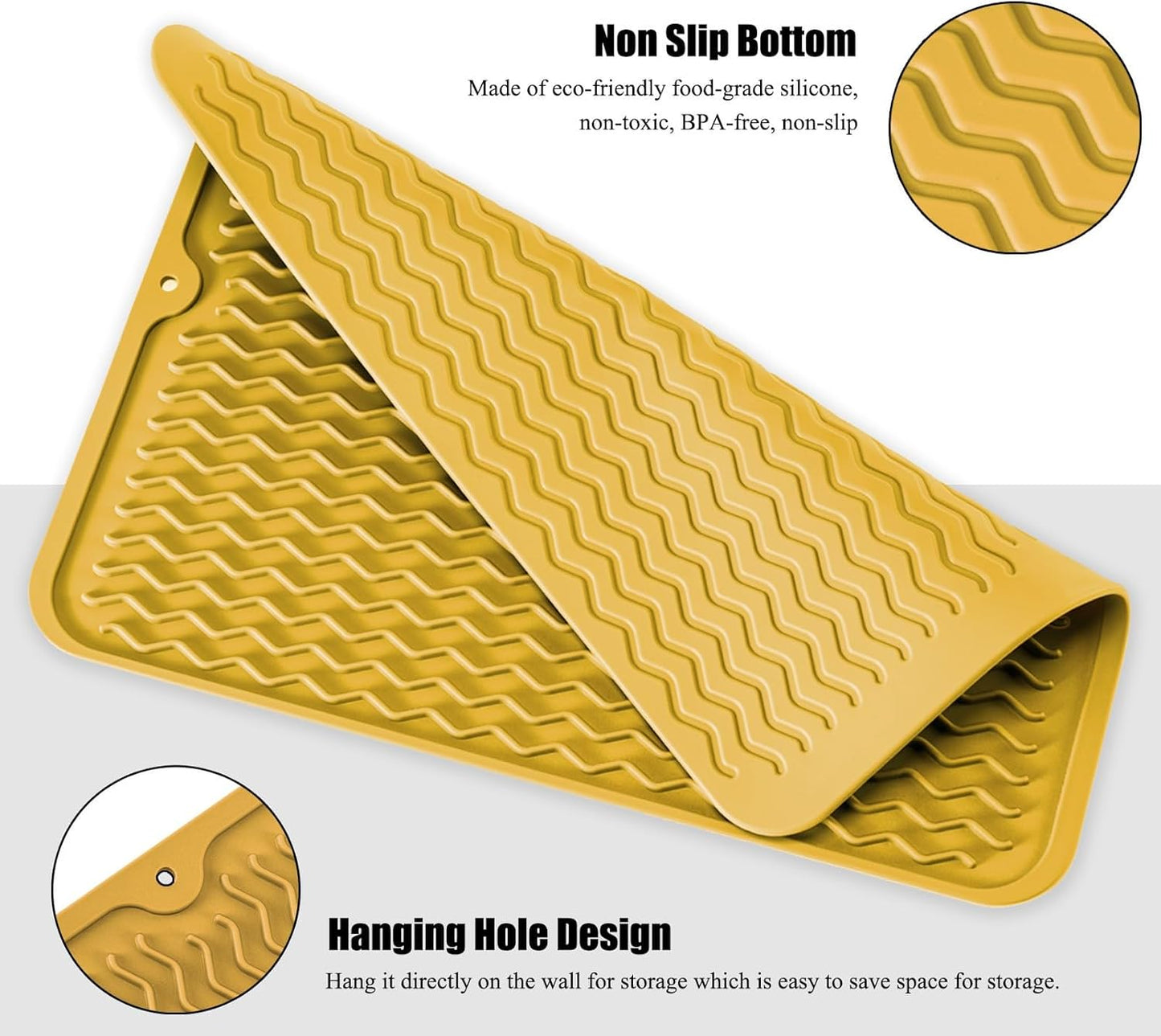 Silicone Dish Drying Mat, Non-Slip Easy Clean Sink Mat Large Heat-resistant Dish Drainer Mat for Kitchen Counter, Sink, Refrigerator or Drawer liner (12" x 6", BLACK)