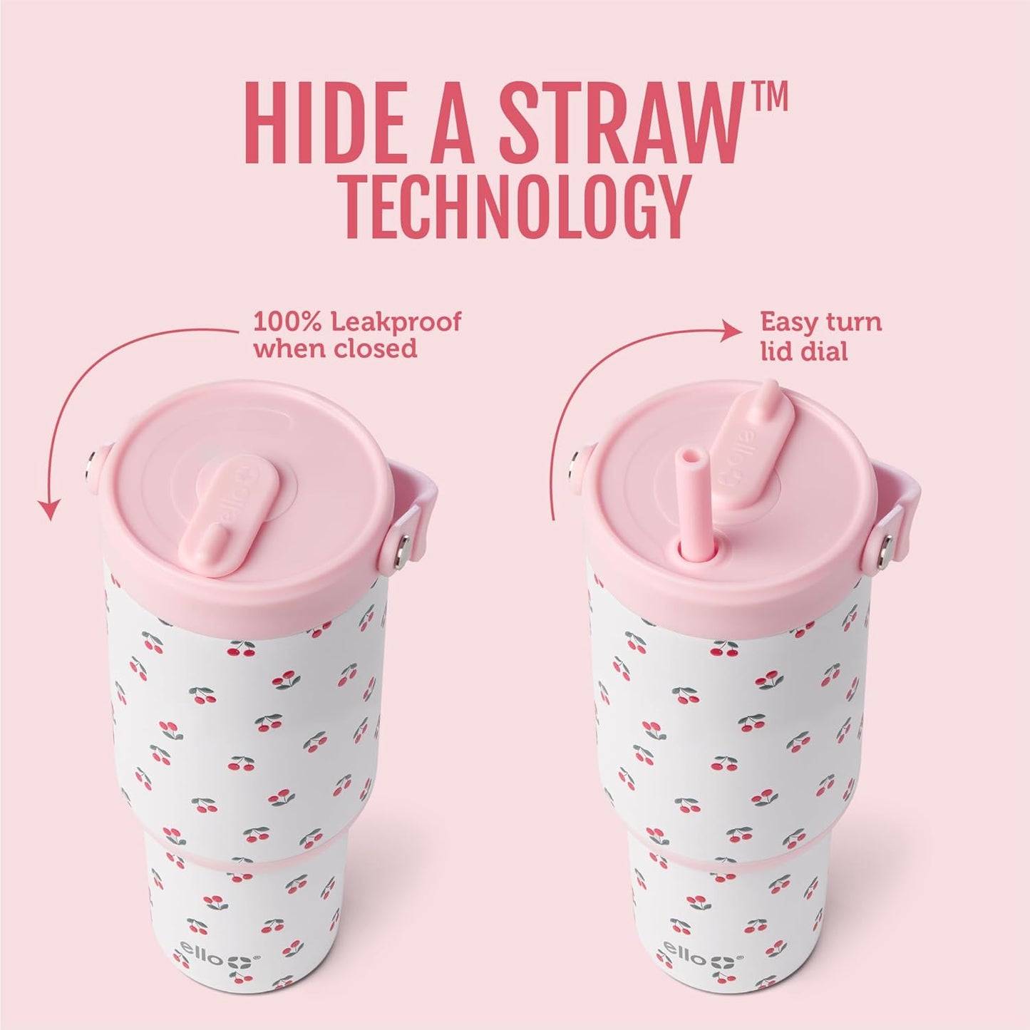 Ello Oasis Go+ 26oz Tumbler with Top Handle and Retracting Straw | Reusable Insulated Stainless Steel Cup, 100% Leakproof Water Bottle, 24 Hours Cold, Cup Holder Friendly For Travel | Wild Rasberry