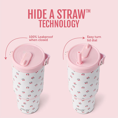 Ello Oasis Go+ 26oz Tumbler with Top Handle and Retracting Straw | Reusable Insulated Stainless Steel Cup, 100% Leakproof Water Bottle, 24 Hours Cold, Cup Holder Friendly For Travel | Wild Rasberry