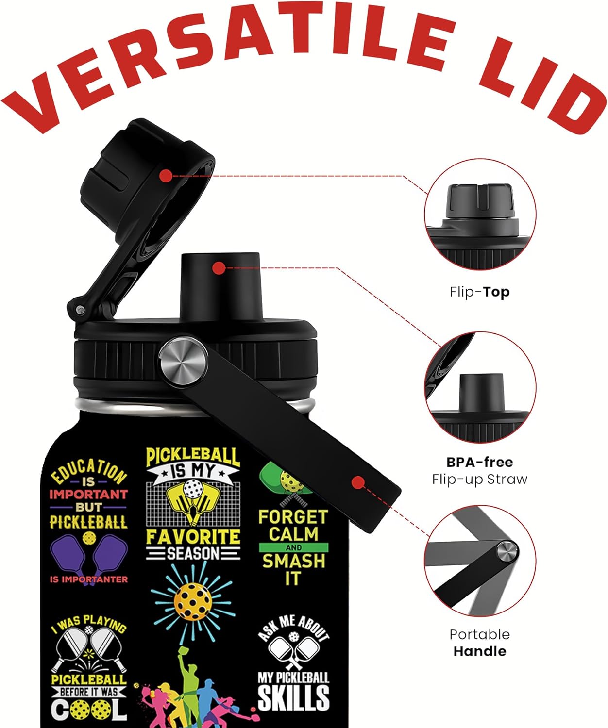 Pickleball Water Bottle 32oz Stainless Steel Insulated Vaccum with Lid, Pickleball Gifts for Pickleball Players, Pickleball Lovers, Women Girls Ladies