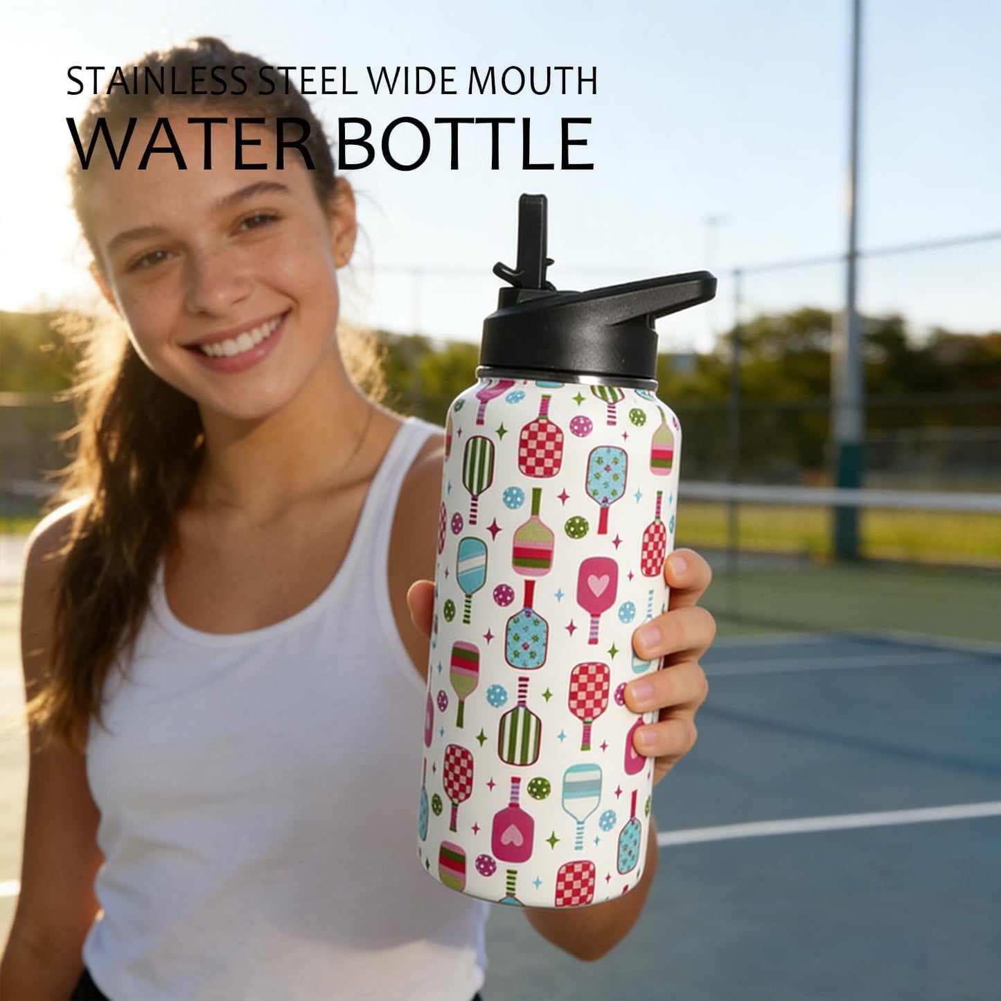 32 oz Pickleball Insulated Water Bottle with Straw - Pickleball Gym Hiking Sports Coffee Mug | Perfect Pickleball Gifts for Women, Pickleball Decor Accessories