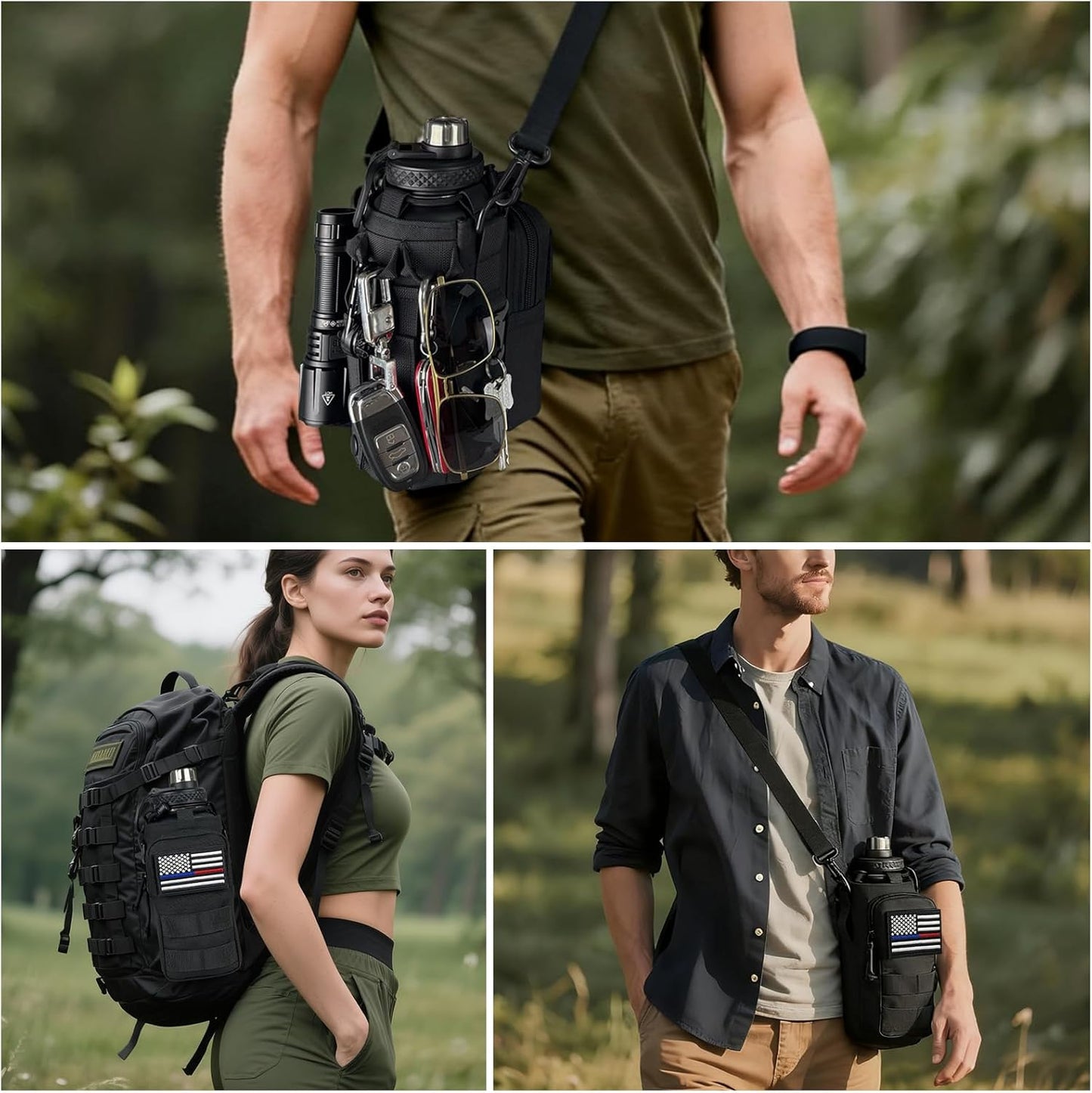 Water Bottle Holder with Strap - Tactical Insulated Water Bottle Sleeve with MOLLE System Water Bottle Cover Cross-Body Pouch for Walking Hiking Camping Gym 32oz&40oz