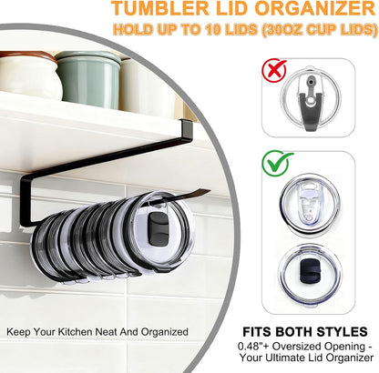 Tumbler Lid Organizer for Cabinet - Behind Door & Under Shelf Mount, Kezvulp No-Drill Holder (10-12 Capacity), Space Saving Anti-Drop Rustproof Rack, Fits 24oz Tumbler & 30/40oz Water Bottle Lids