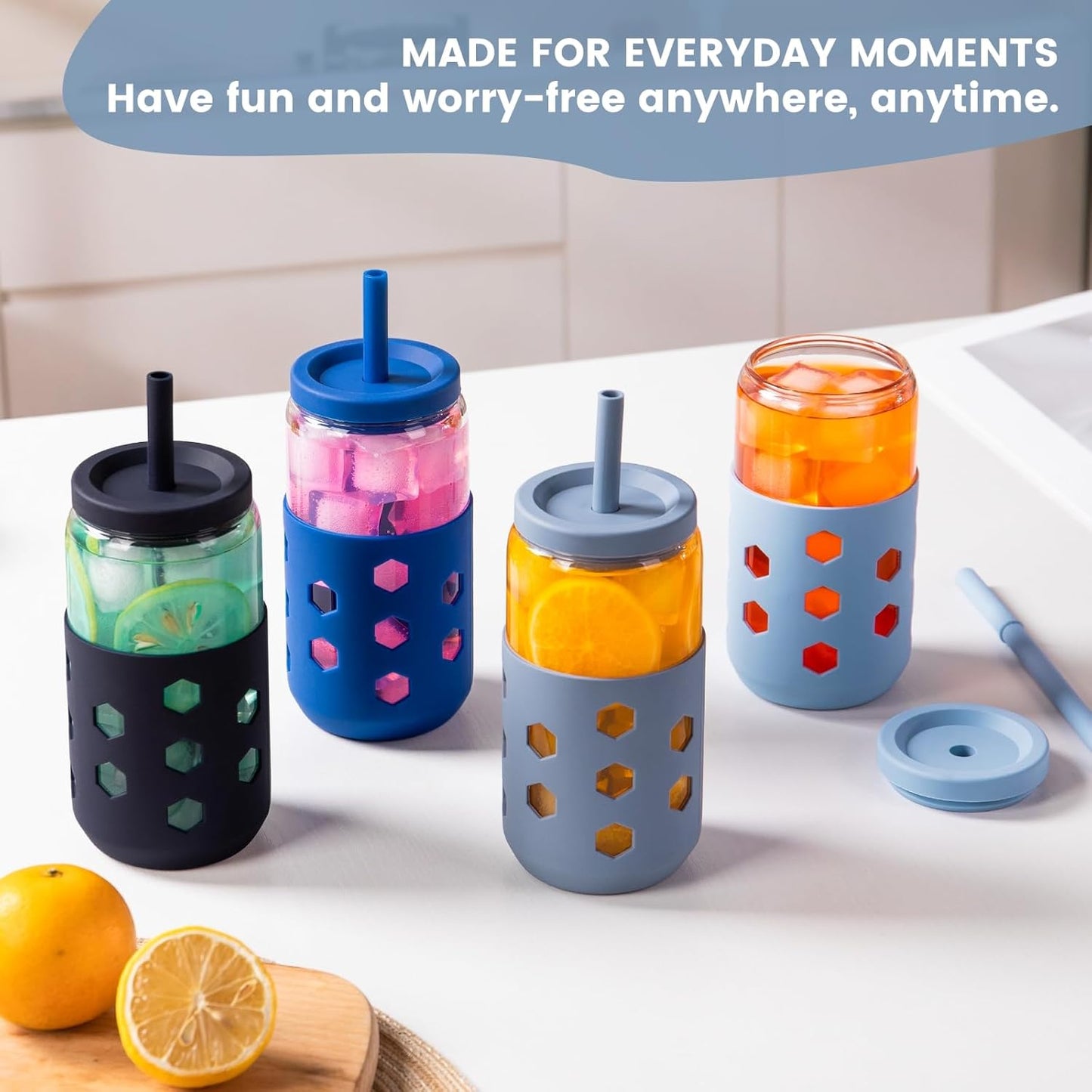Mrsdry Glass Cups with Lids and Straws (4 Pcs), 16oz Drinking Glasses Set with Silicone Sleeves for Coffee Bar Accessories Iced Coffee Cups with Lids, Glass Tumbler Reusable for Gifts