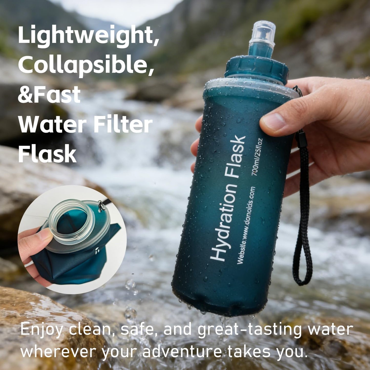 AXEN Collapsible Water Bottle with Filter System, Soft Hydration Flask for Trail Running, Camping, Hiking, Cycling, 700ml Slate Green