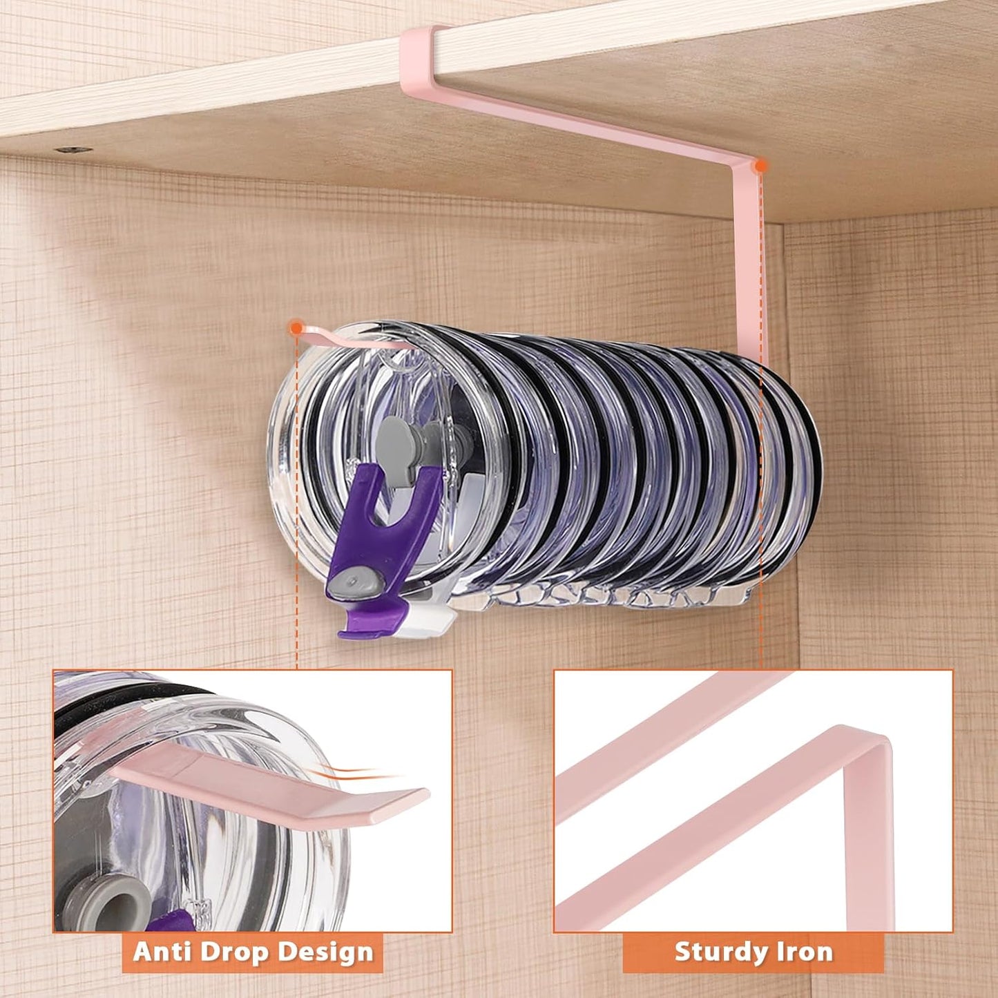 Tumbler Lid Organizer, Horizontal Tumbler Lid Storage Hook Up to 10 Lids, Space Saving Cup Lid Holders Under Cabinet Tumbler Lid Hook for Kitchen Organizer and Storage,Hanging Paper Towel Rack Hanger