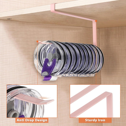 Tumbler Lid Organizer, Horizontal Tumbler Lid Storage Hook Up to 10 Lids, Space Saving Cup Lid Holders Under Cabinet Tumbler Lid Hook for Kitchen Organizer and Storage,Hanging Paper Towel Rack Hanger