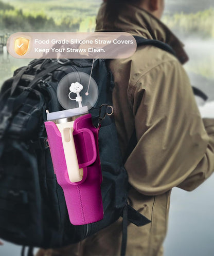 dabria Water Bottle Carrier Bag with Phone Pocket for Stanley 40/30 oz Tumbler Neoprene Water Bottle Holder Pouch with Adjustable Strap Bollus with Straw Cover for Stanley Cup Accessories