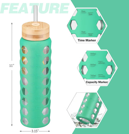 MUKOKO Glass Water Bottles, 32oz Glass Tumbler with Straw, Drinking Bottles with 2 Lids-Handle Spout Lid&Bamboo Straw Lid, Motivational Water Bottle with Time Marker and Silicone Sleeve, 1 Pack-Olive