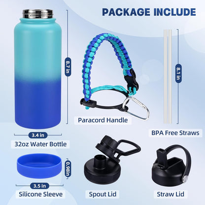 Insulated Water Bottle, 32 oz Stainless Steel Wide Mouth Water Bottles with 2 Leak Proof Lid and Paracord Handle, Double Wall Vacuum Insulated Sports Water Bottle, Purple Black