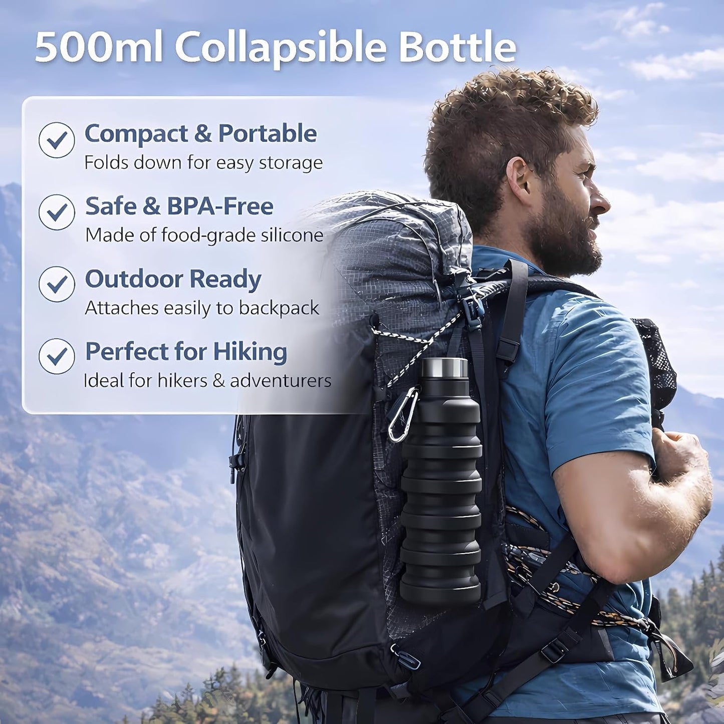 Collapsible Water Bottles,16oz Capacity Portable Reusable Silicone Water Bottle,Leak-proof,with buckle,foldable storage,Lightweight Durable for Fitness,Cycling,Sports,Camping,Hiking (Deep Black)
