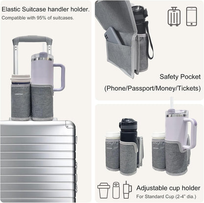 2 in 1 Luggage Cup Holder for Suitcase Airplane Cup Holder for Tray Table Drink Carrier for Stanley Tumblers Coffee Beverage Organizer Luggage Drink Holder Travel Gifts for Women (Gray)