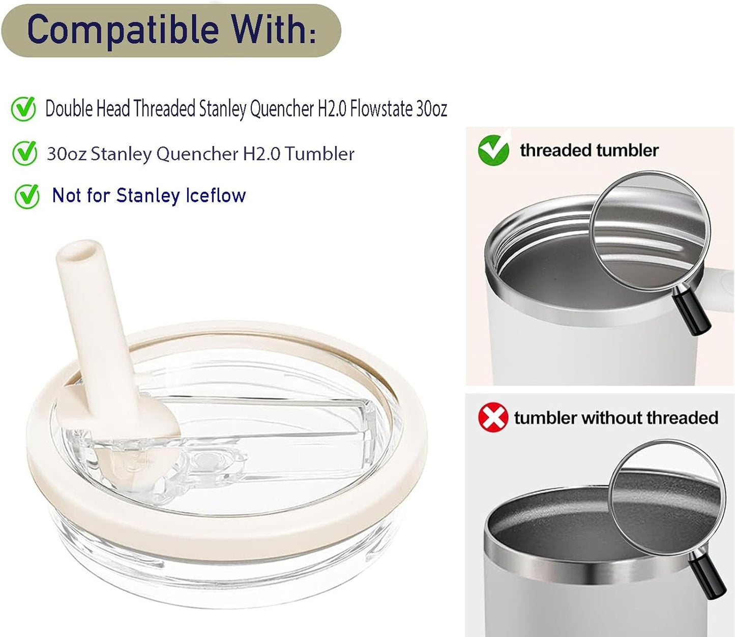 2 Pack 30 oz Tumbler Flip Straw Lid Replacement Compatible for Stanley Quencher, Leak Proof Lid Replacement for 30 OZ Stanley H2.0 FlowState Tumbler,Spill Proof Splash Reusable (Transparent Cream)
