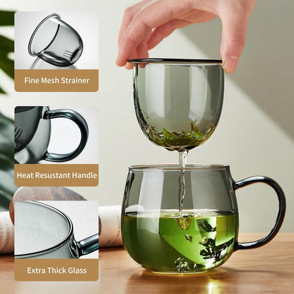 DOPUDO Glass Tea Cup with Infuser and Lid, 17.6oz/520ml Large Borosilicate Teacup,Tea Glass, Clear Mug for Loose Leaf Tea, Blooming Tea, Microwave & Dishwasher Safe - Tea Maker Gift for Birthday.