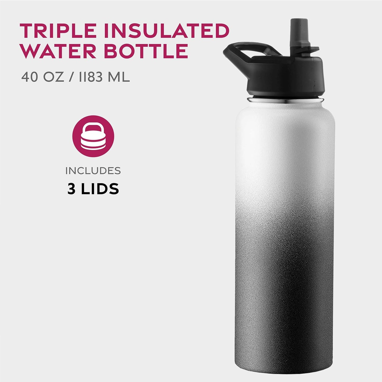 FineDine Water Bottle - Stainless Steel Insulated Water Bottle with Straw Lid, Flip Lid & Wide-Mouth Cap - Keeps Hot and Cold - 25 Oz / 739ml - Dreamy Purple