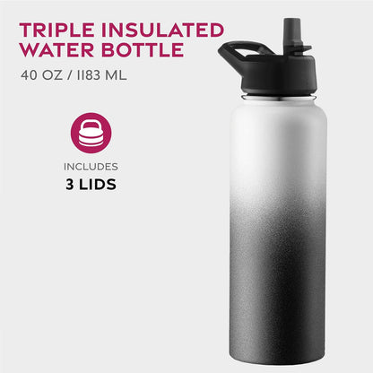 FineDine Water Bottle - Stainless Steel Insulated Water Bottle with Straw Lid, Flip Lid & Wide-Mouth Cap - Keeps Hot and Cold - 25 Oz / 739ml - Dreamy Purple