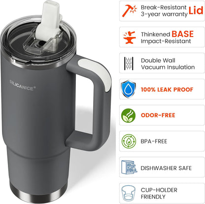 30oz Hygienic Insulated Tumbler with Handle — 100% Leakproof Lid with Removable Spout & Straw, Reinforced Vacuum-Protection Base, Cup Holder Friendly, for Travel/Gym/Office- Black