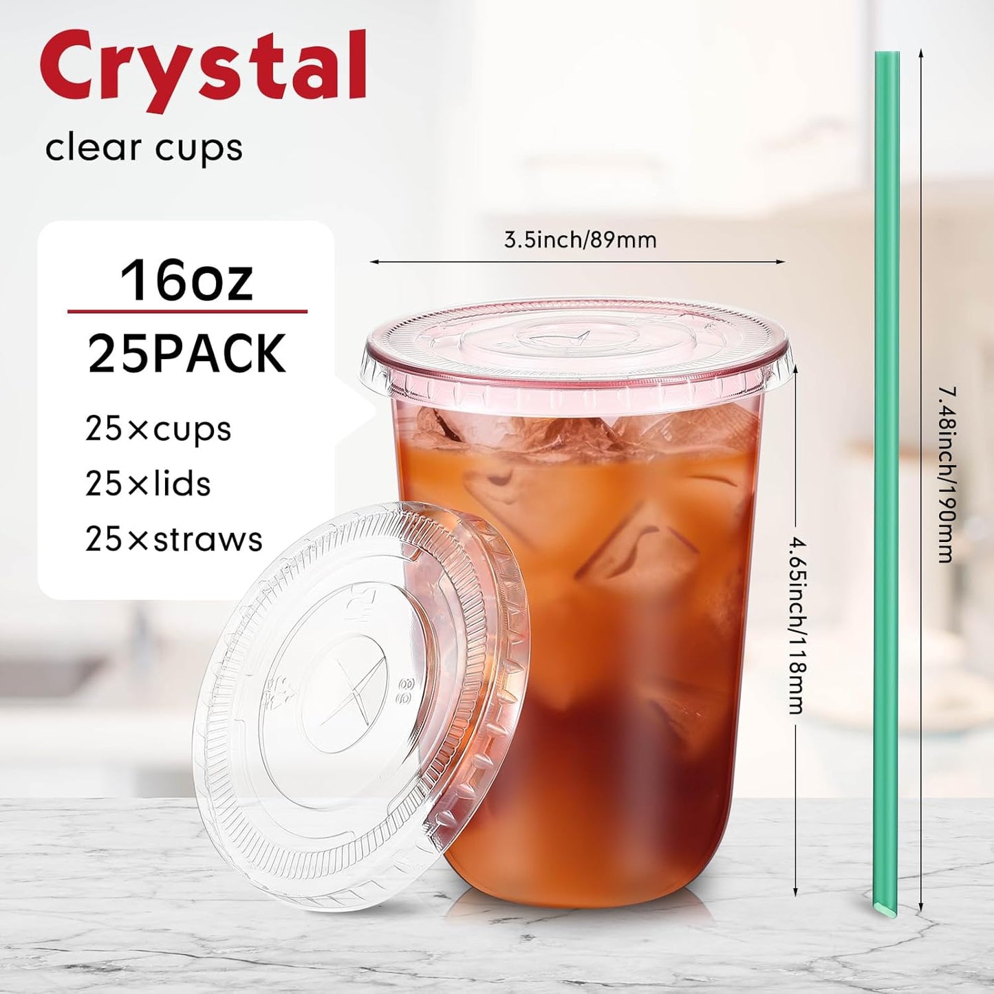 Baderke 25 Set Plastic Cups with Lids and Straws, Disposable Plastic Iced Coffee Cup for Cold Beverage Juice Smoothie Crystal for Coffee Shops Party Catering(Clear,16 oz)