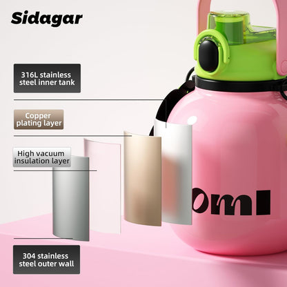 60 oz Big Gallon Water Bottle with Straw and Carry Handle, Black Wide Mouth Vacuum Water Jug, Insulated Stainless Steel Bottles; Heavy-Duty Aesthetic Yoga Flask for Women, Sweet & Cool Black