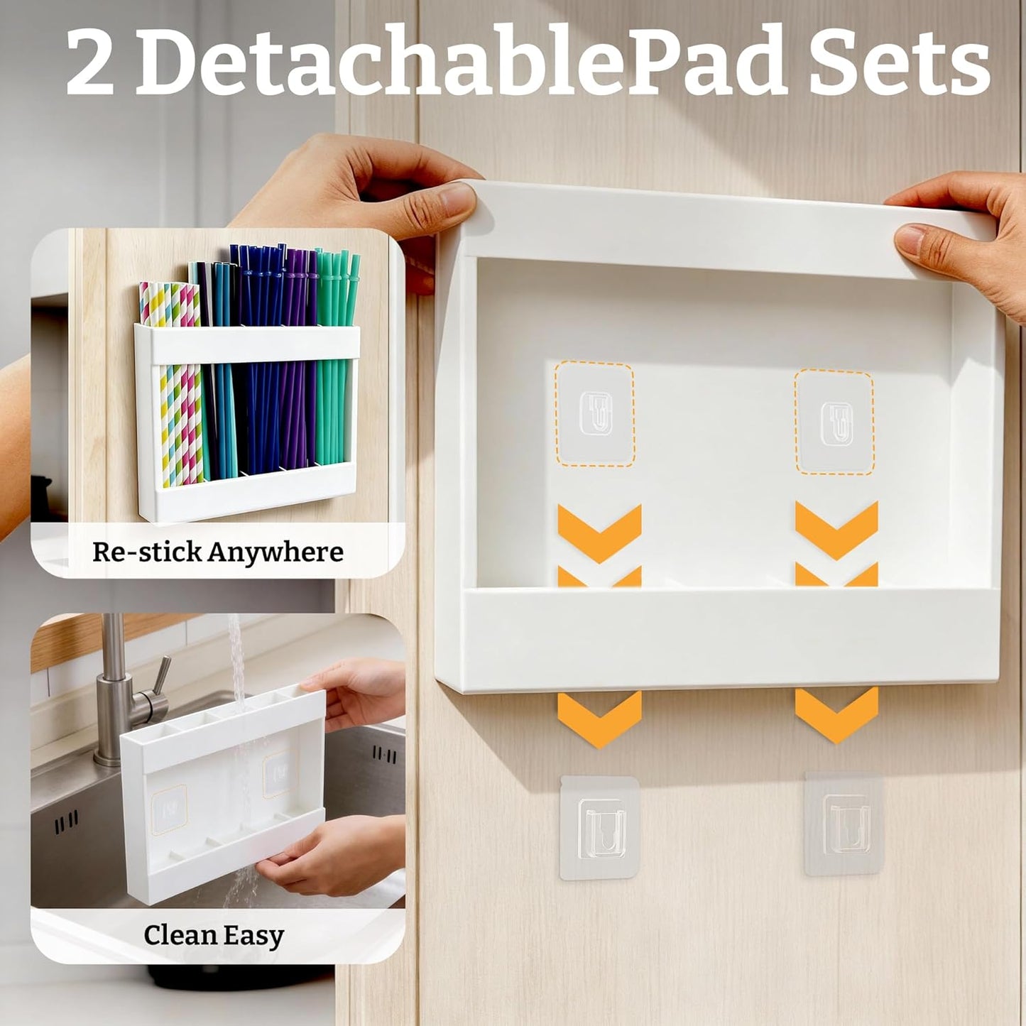 9.5” Large Acrylic Straw Holder for Cabinet Door with Detachable Ultra Sticky Adhesive Squares and Stickers, 2026 Reusable Straws Organizer Storage Dispenser for Kitchen Counter Cupboard