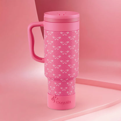40 oz Insulated Tumbler with Handle and Push-Button Straw Lid, Stainless Steel Travel Cup for Gym Office, Leakproof, BPA-Free, Cup Holder Friendly, Bow Silicone Boot, Purple (Light Lilac)