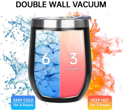 MEZMUT 12 Oz Insulated Wine Tumbler with Lid Double Wall Vacuum Stainless Steel Wine Glass Coffee Mug Insulated Tumbler Cup for Champaign, Cocktail, Beer (Black, 1 Pack)