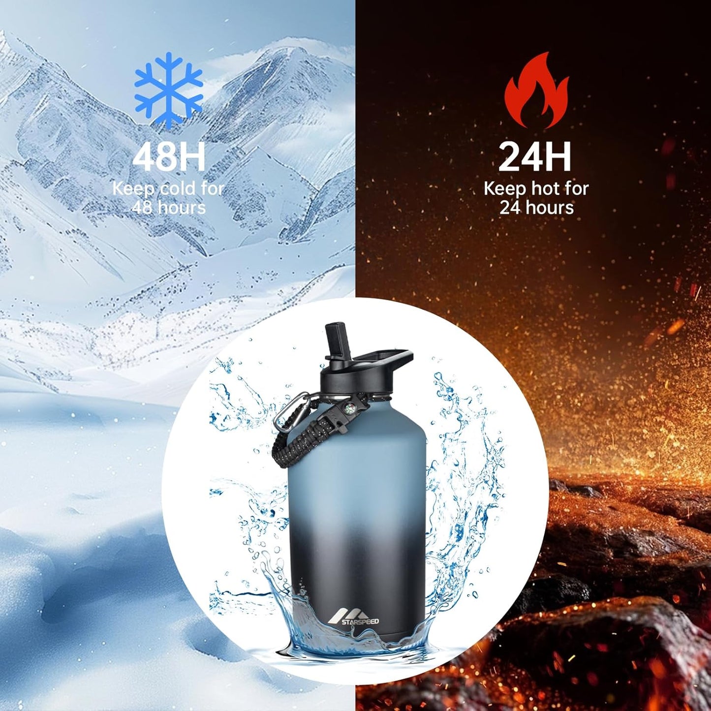 StarSpeed 32oz Insulated Water Bottle with Straw Lid, Stainless Steel Double Walled Vacuum Water Flask, Wide Mouth Sports Water Bottle for Gym Camping Hiking, Indigo Black