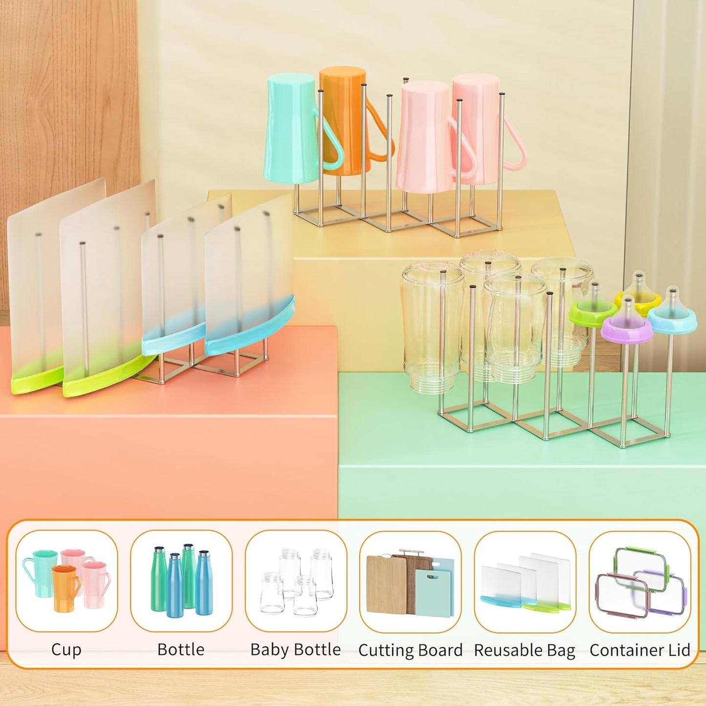 Foldable Baby Bottle Drying Rack-10 Poles Water Bottle Organizer for Cups,Travel Mugs,Silicone Bags- Collapsible Stainless Steel Bottle Rack Dryer (Gray)