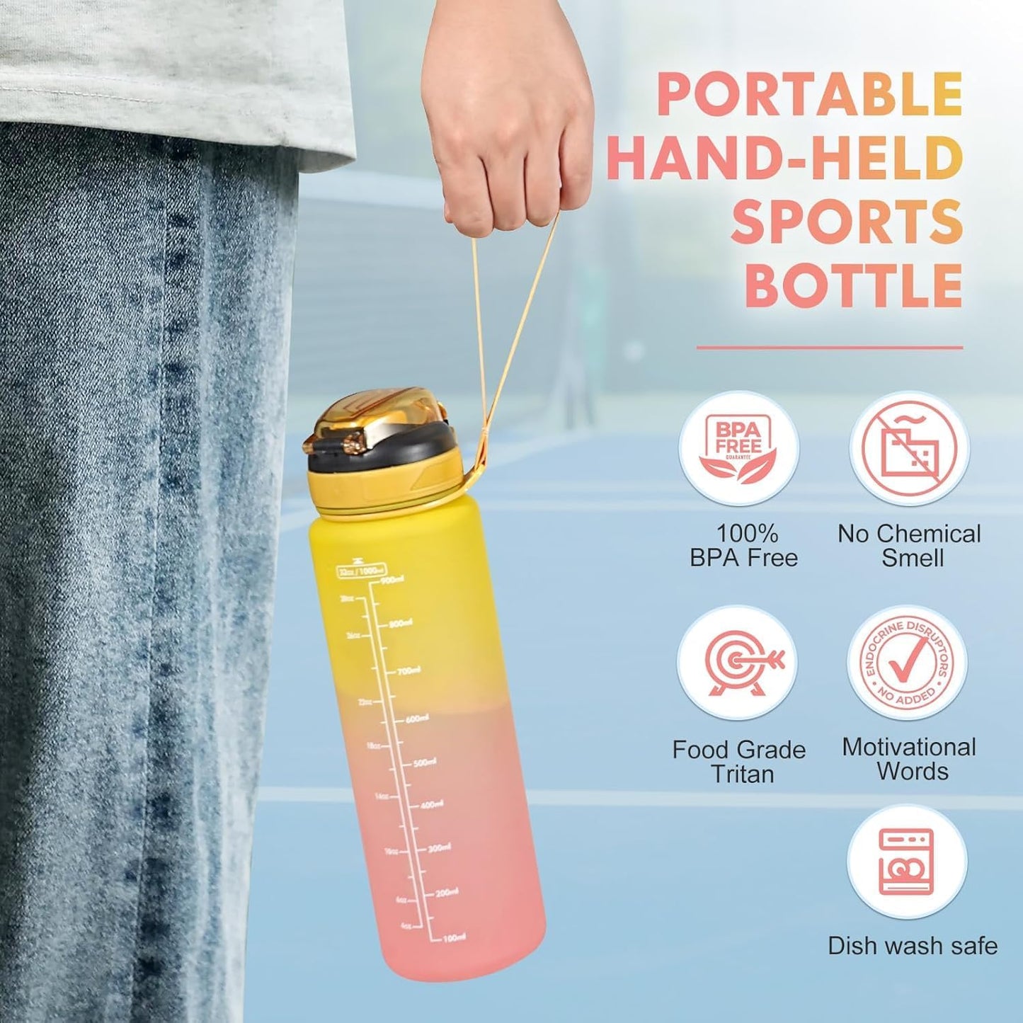Water Bottle with Straw 1L,Boys Water Bottles with Straw 1 Litre,Waterbottle Leak-Proof Sports Water Bottle,Plastic Drinks Bottles Toxin Free，Bpa-Free (Cyan Black)