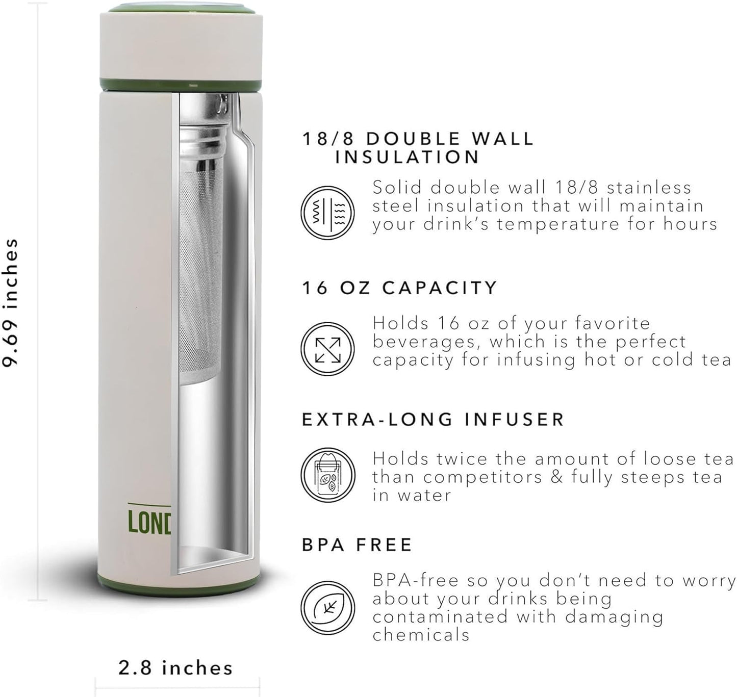 The London Sip Multi-Purpose Travel Mug and Tumbler Fruit Infused Flask Hot and Cold Double Wall Stainless Steel Thermos with Extra-Long Infuser, Purple