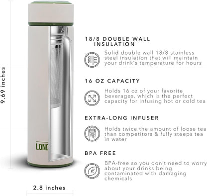 The London Sip Multi-Purpose Travel Mug and Tumbler Fruit Infused Flask Hot and Cold Double Wall Stainless Steel Thermos with Extra-Long Infuser, Purple